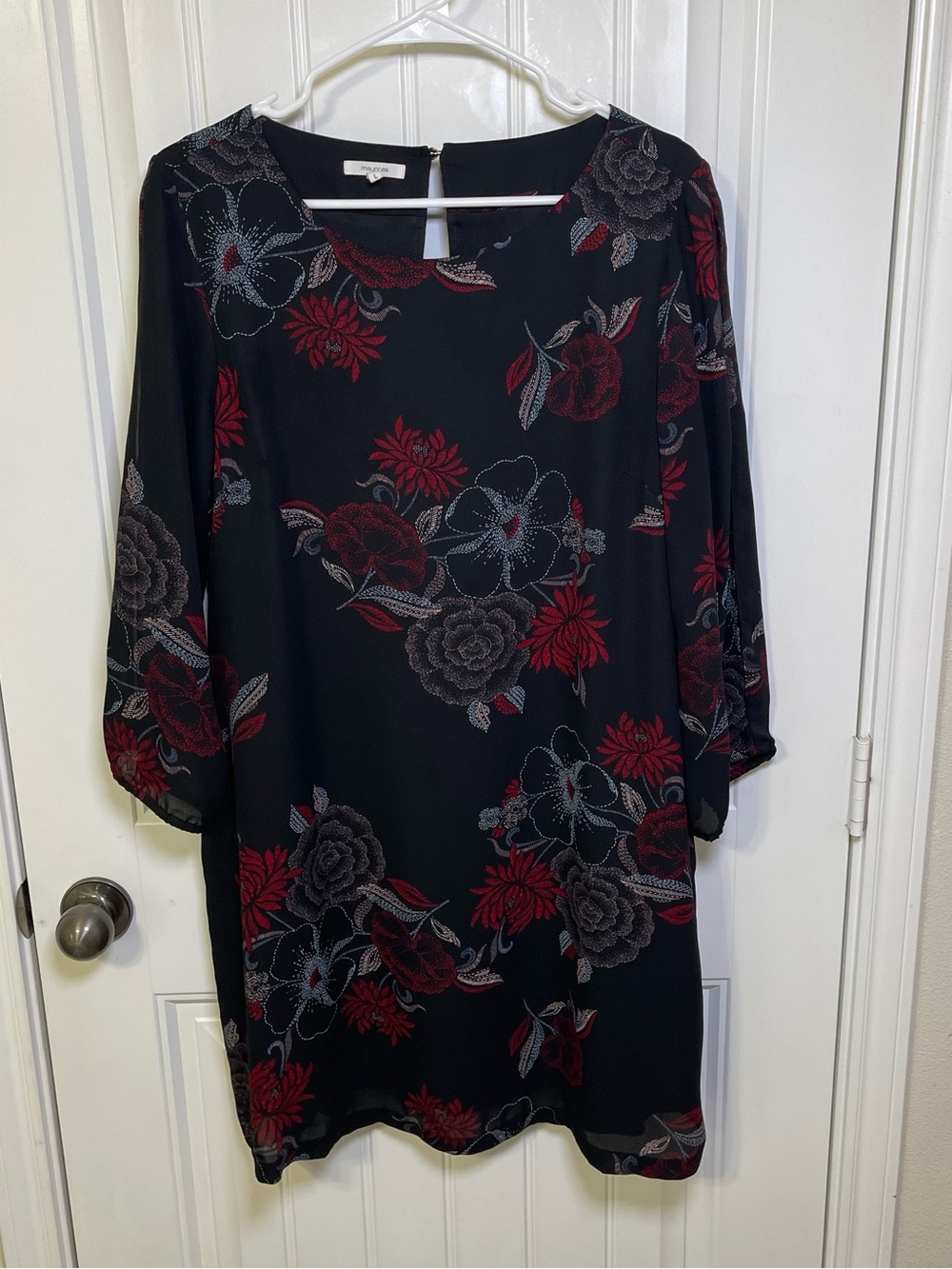 Maurices Black Floral Long Split Sleeve Shift Dress with Red Pink Blue Accents